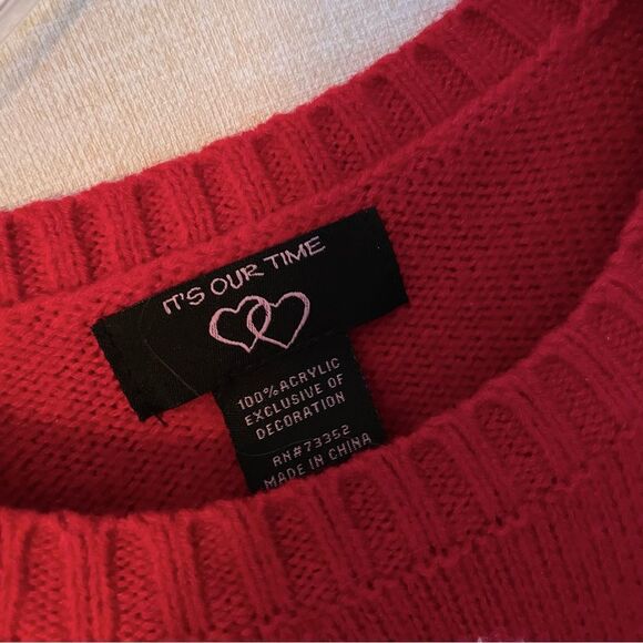 Penguin Plush Appliqué Crewneck Girl’s Red Christmas Sweater, White Polk… - Picture 8 of 10